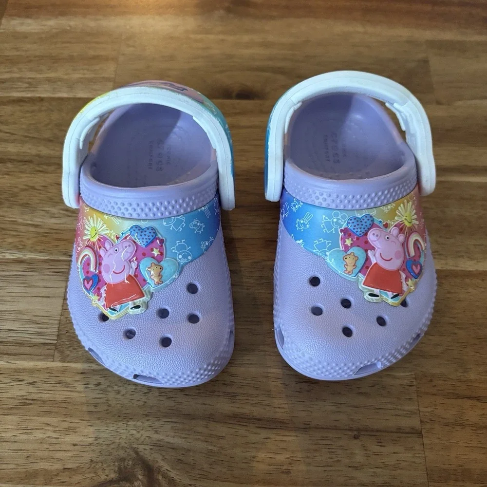 Crocs Peppa Pig Toddler Girl Size 4 C Purple Rainbow Vacation Beach NEW NO TAGS‎
